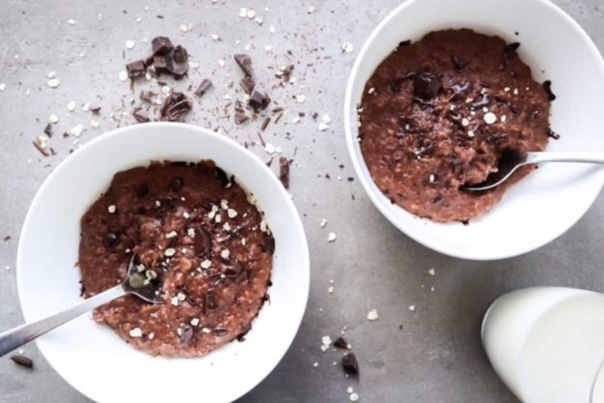 Two bowls of chocolate oatmeal.