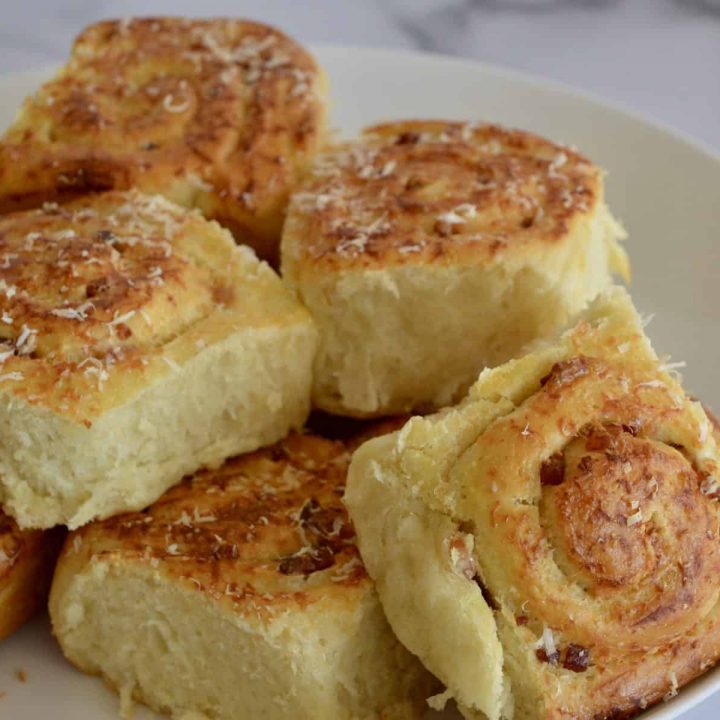 Pinwheel bread rolls in a bowl.