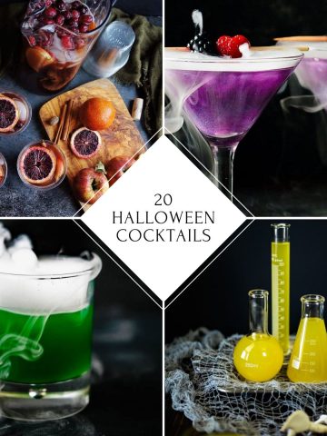 Four Halloween cocktails in a collage.