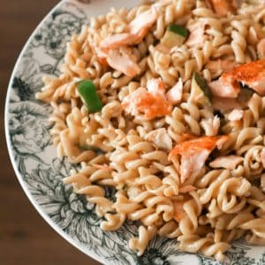 A close up of a plate with creamy pasta, salmon and zucchini.