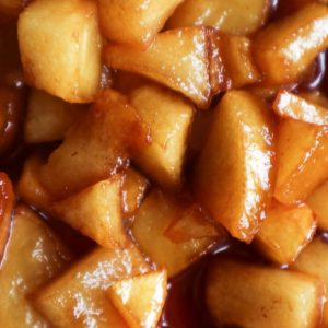 An overhead shot of caramelized apples.