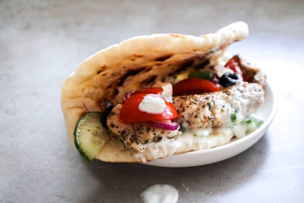 greek pita bread with chicken souvlaki and horiatiki