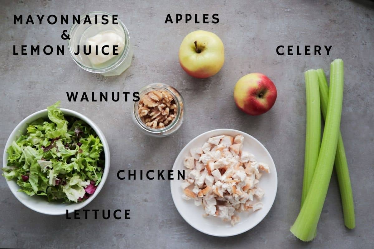 Ingredients for an easy waldorf salad with chicken.