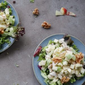 Waldorf salad with apple, chicken and walnuts.