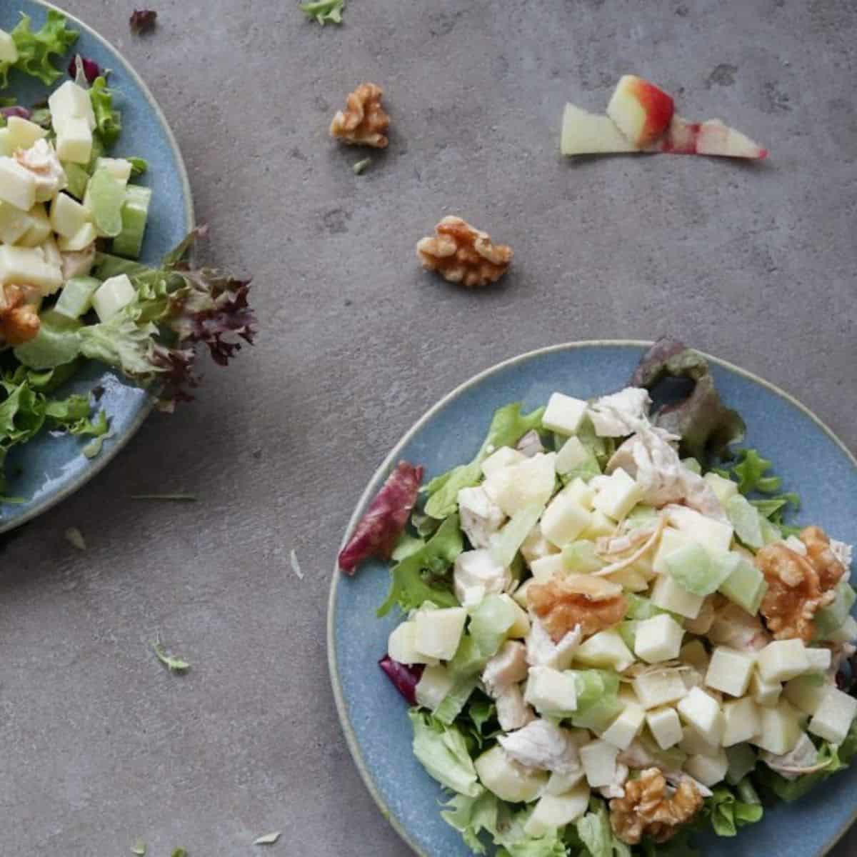 Waldorf salad with apple, chicken and walnuts.