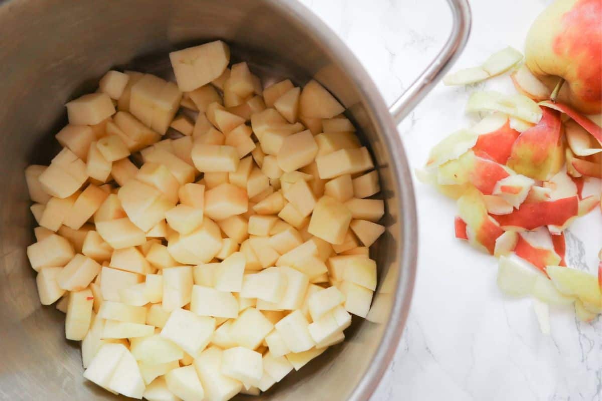 Diced apples in a pan.