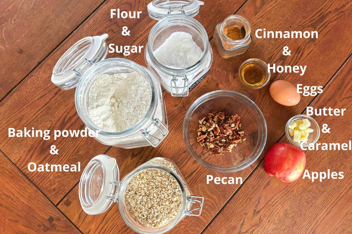 Ingredients for caramel apple oat cookies on a table.