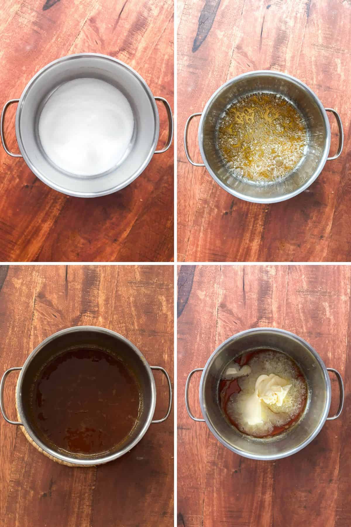 collage with the steps to make caramel.