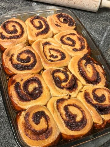 A dish with sourdough sticky buns.
