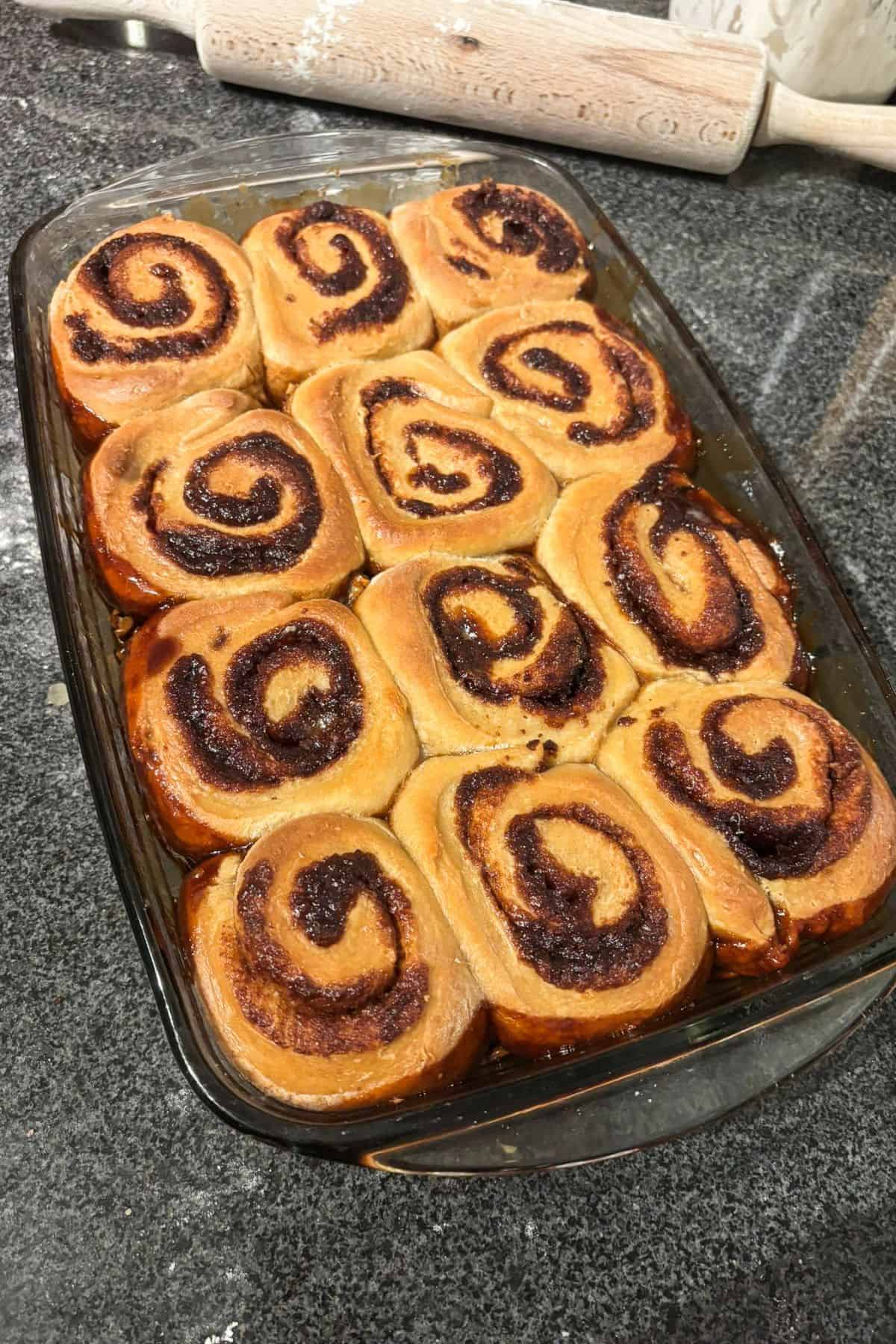 Sourdough sticky buns in an oven dish.