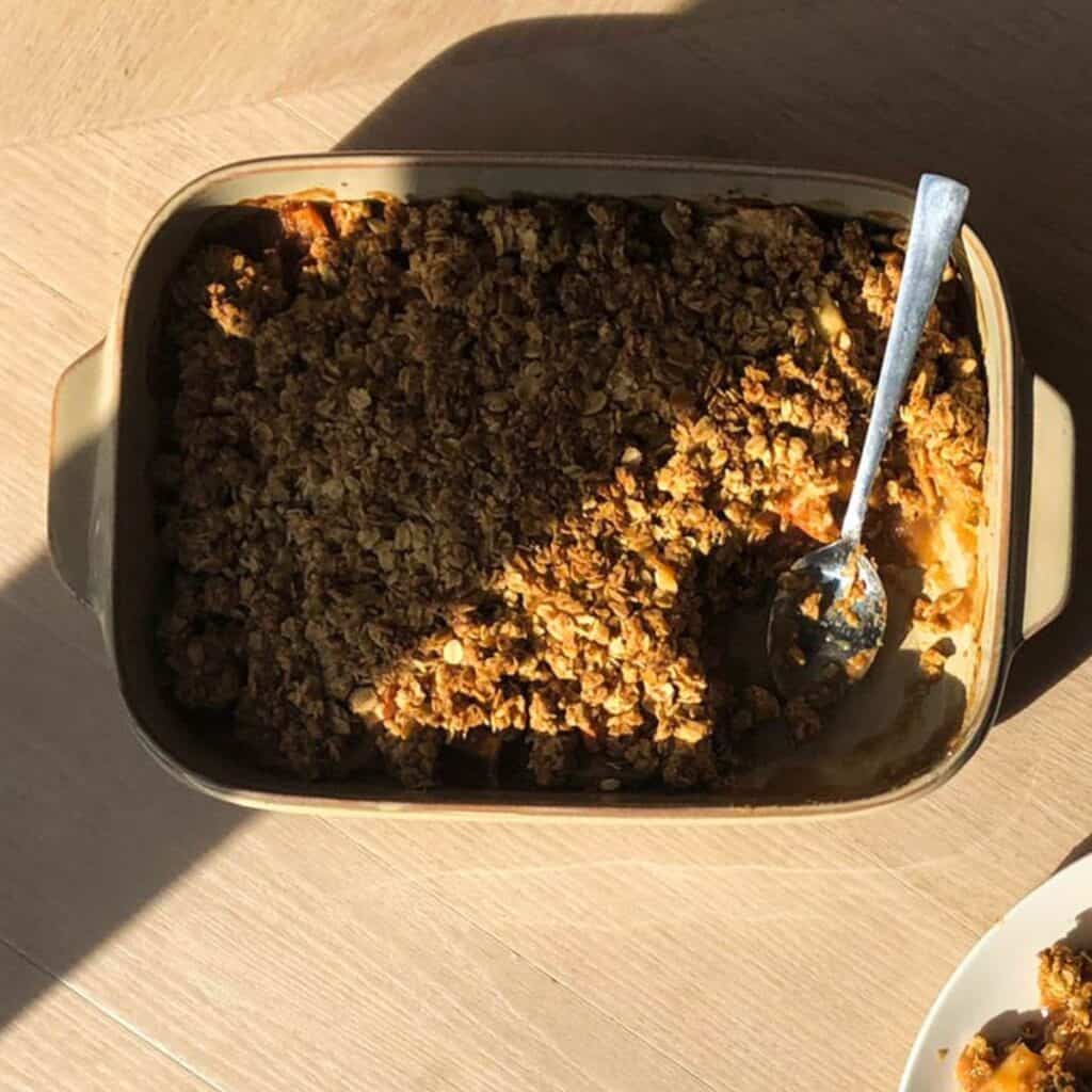 Applesauce crisp with a spoon.