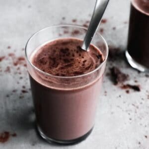 Homemade hot chocolate in a glass.